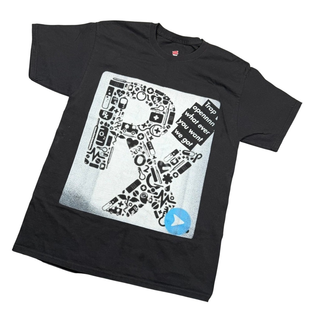 Hanes Rx Trap Open Graphic‎ T-Shirt Mens Large Black Cotton Streetwear Casual